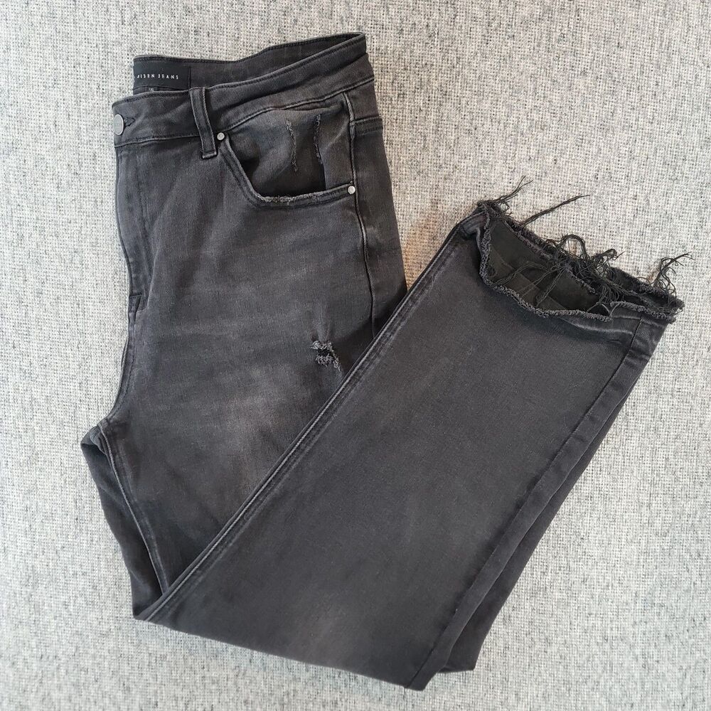 Risen Black Distressed Raw Hem Jeans Womens Size 1XL Stretch Frayed Straight Leg